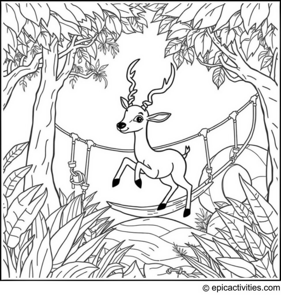 Coloring page of a Cute Antelope in a Magical Jungle Obstacle Course