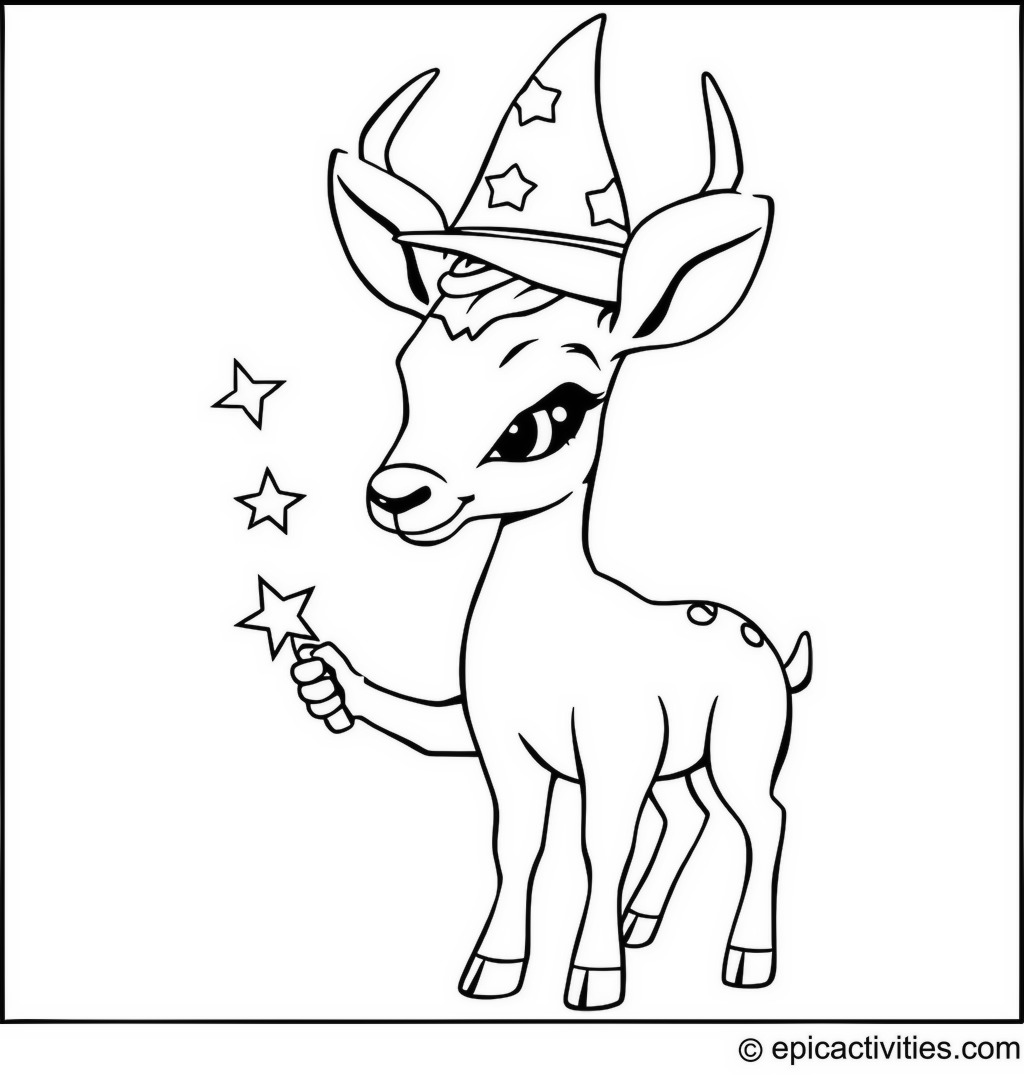 Coloring page of a Cute Antelope in a Tiny Wizard Hat with a Magic Wand