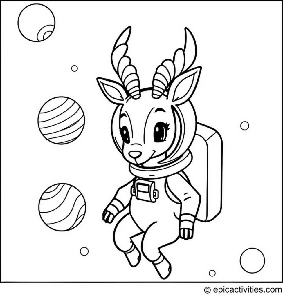Coloring page of a Cute Antelope in an Astronaut Suit Floating in Space