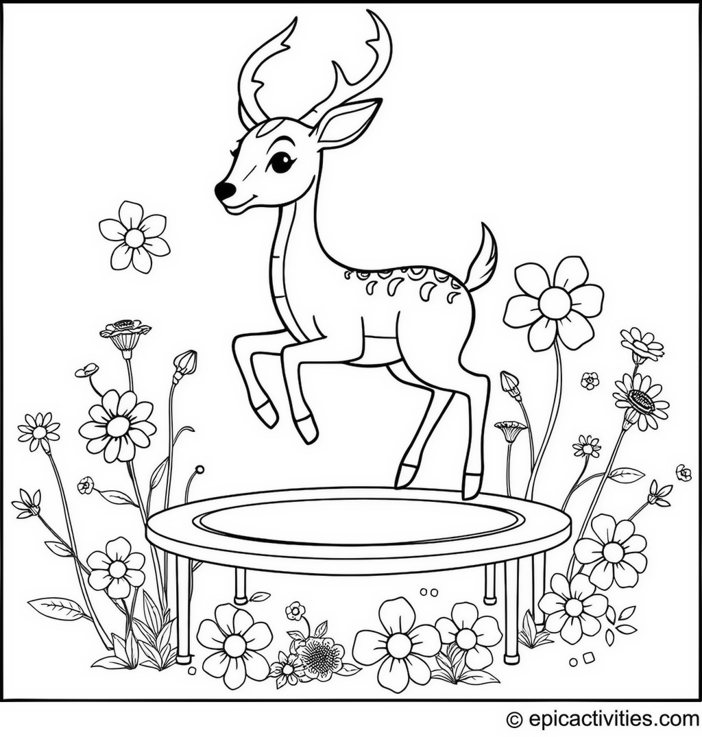 Coloring page of a Cute Antelope Jumping on a Trampoline Surrounded by Whimsical Flowers