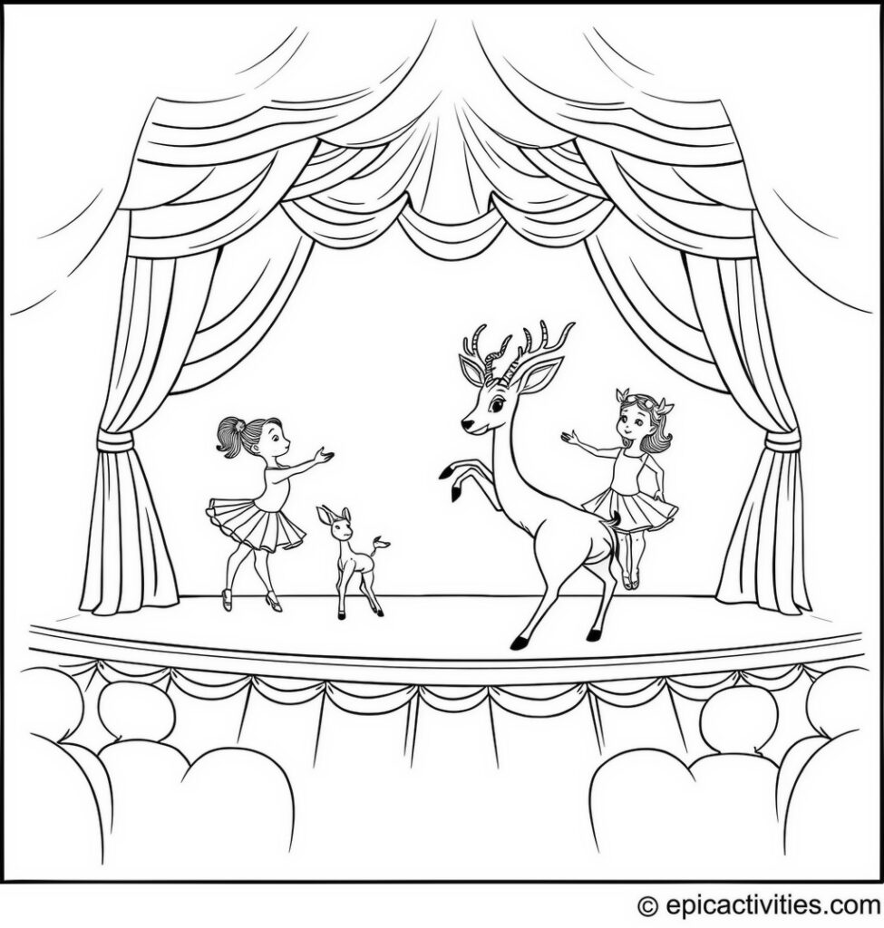 Coloring page of a Cute Antelope Leading a Dance Troupe on a Ballet Stage