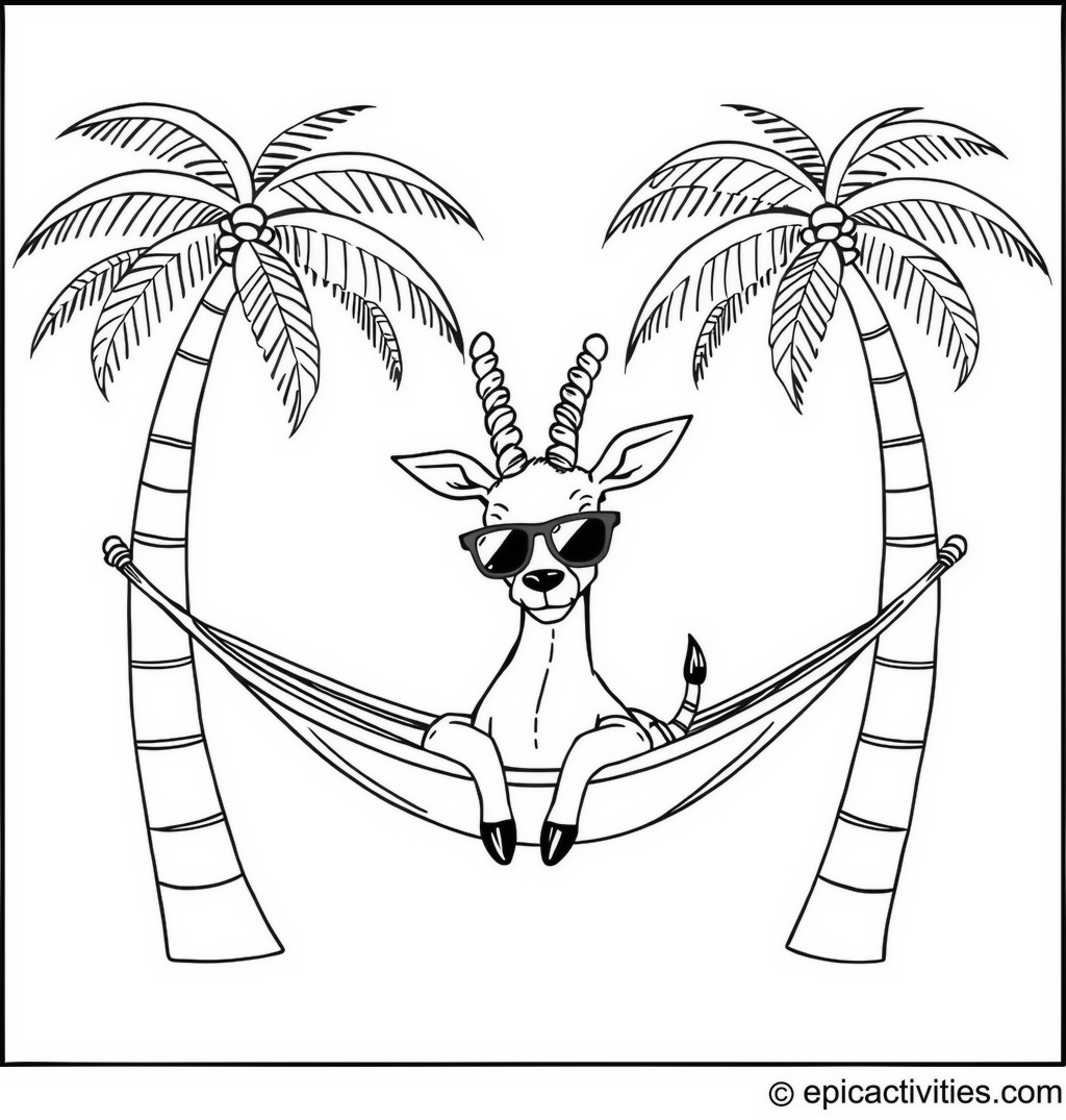 Coloring page of a Cute Antelope Lounging on a Hammock Between Two Palm Trees with Sunglasses