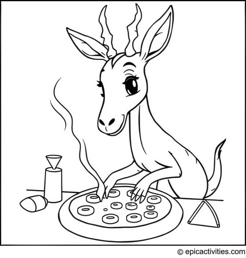 Coloring page of a Cute Antelope Making Pizza from Scratch