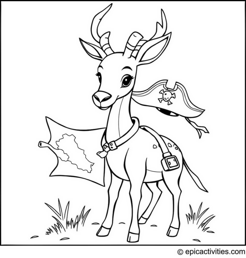 Coloring page of a Cute Antelope on a Treasure Hunt with a Map and a Pirate Hat