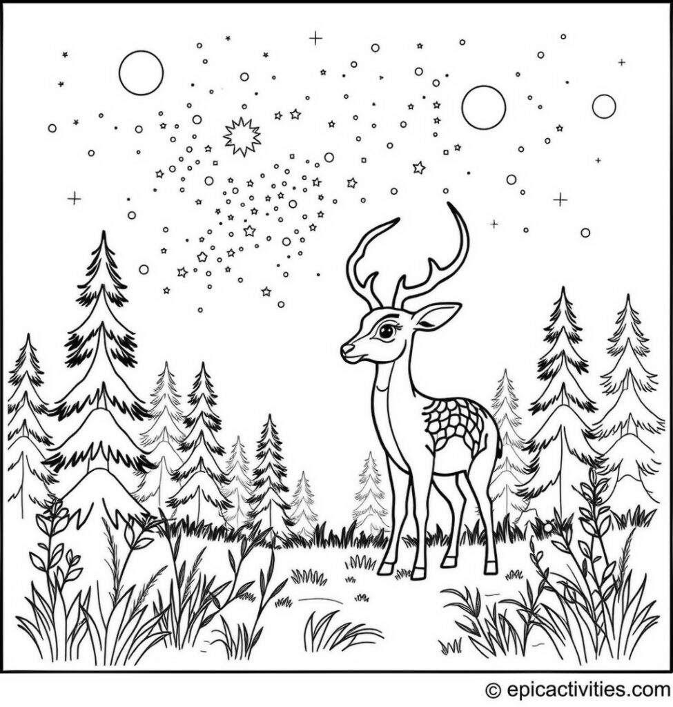Coloring page of a Cute Antelope Painting a Celestial Sky in a Mystical Forest Clearing