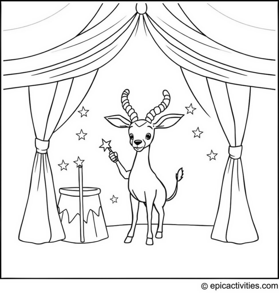 Coloring page of a Cute Antelope Performing Magic Tricks in a Circus Tent