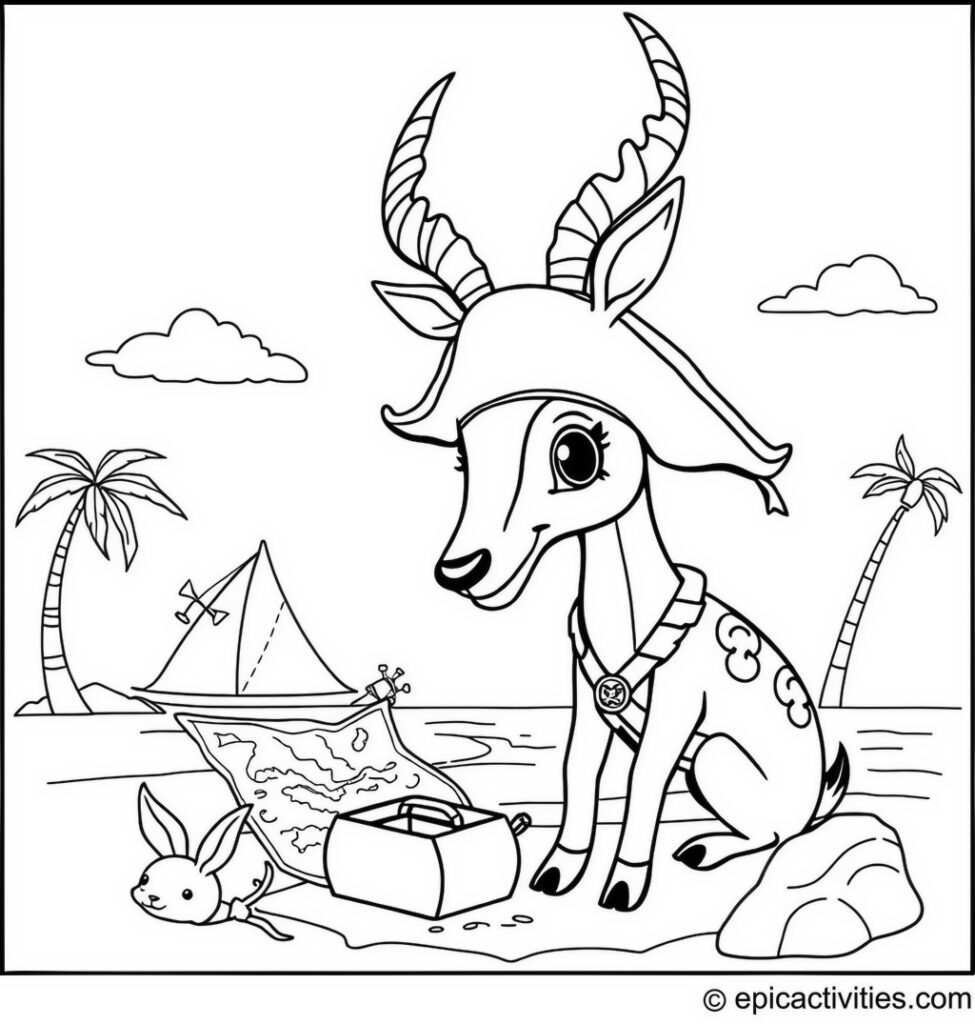 Coloring page of a Cute Antelope Pirate on a Treasure Hunt