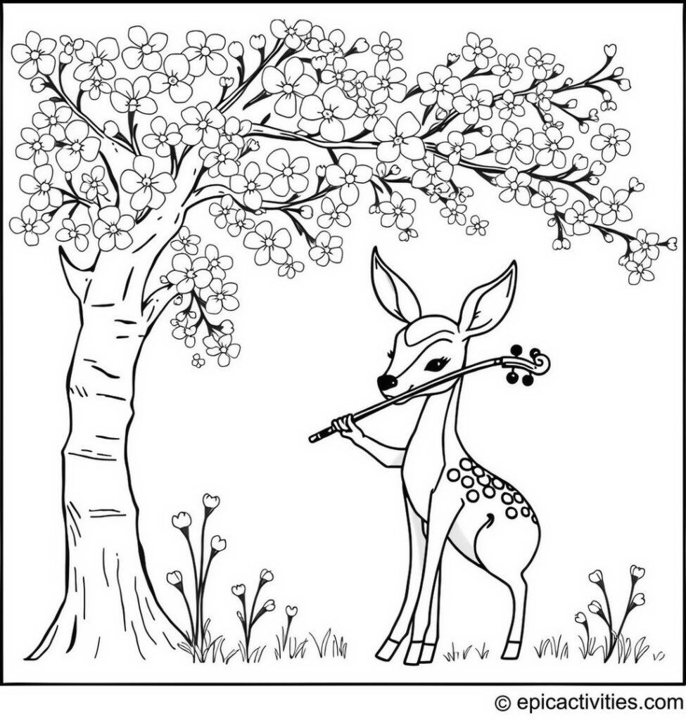 Coloring page of a Cute Antelope Playing the Violin under a Cherry Blossom Tree