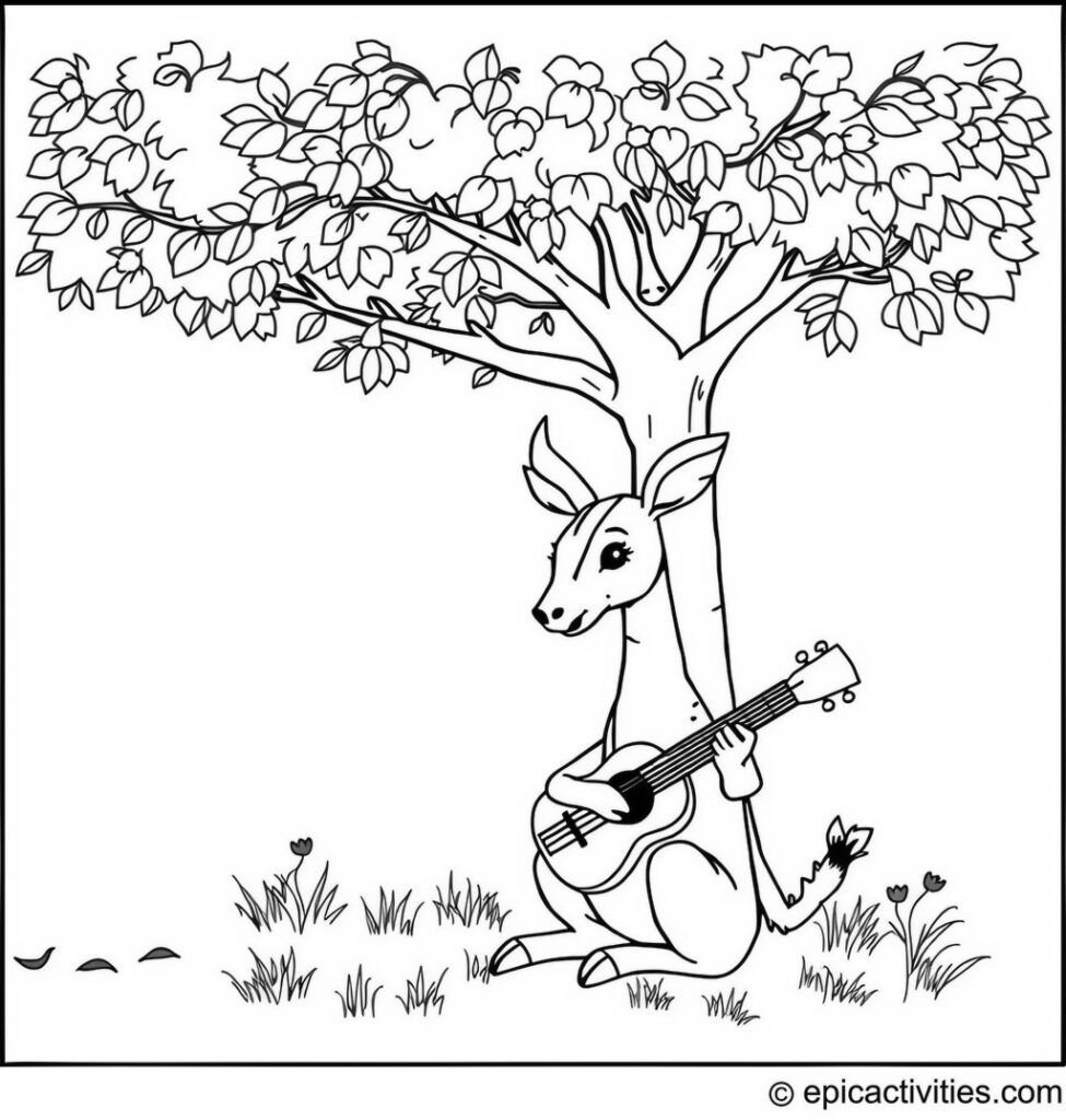 Coloring page of a Cute Antelope Playing Ukulele Under a Tree