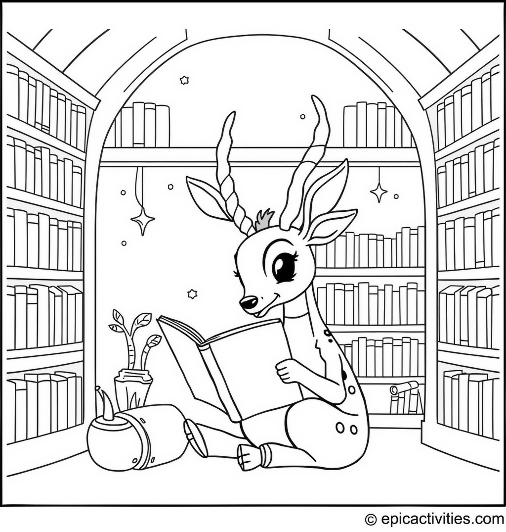 Coloring page of a Cute Antelope Reading a Giant Storybook in a Magical Library