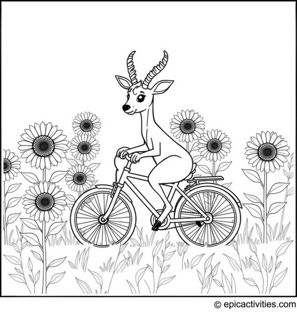 Coloring page of a Cute Antelope Riding a Bicycle in a Sunflower Field