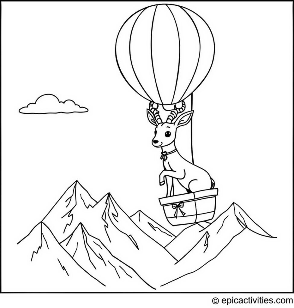Coloring page of a Cute Antelope Riding a Hot Air Balloon Over Mountains