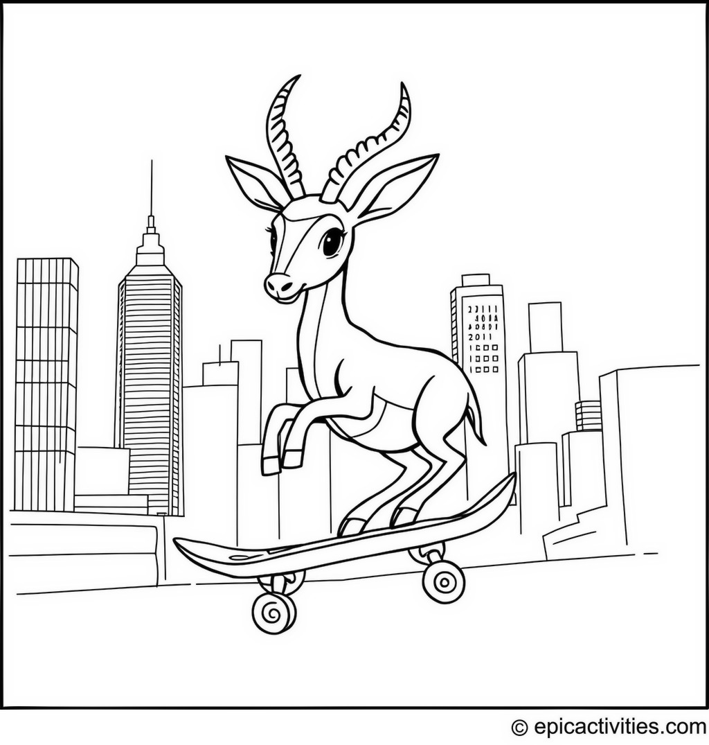 Coloring page of a cute antelope riding a skateboard in a big city