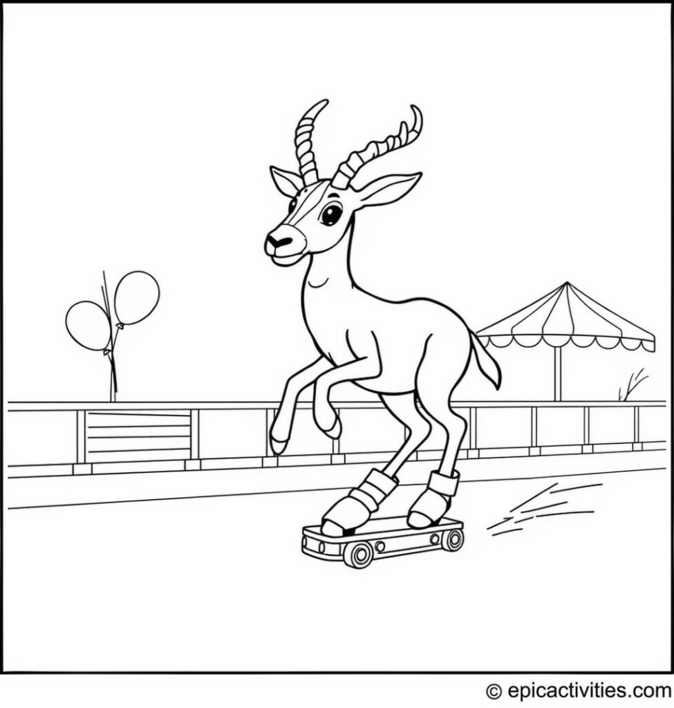 Coloring page of a Cute Antelope Rollerblading on a Colorful Boardwalk with Balloons