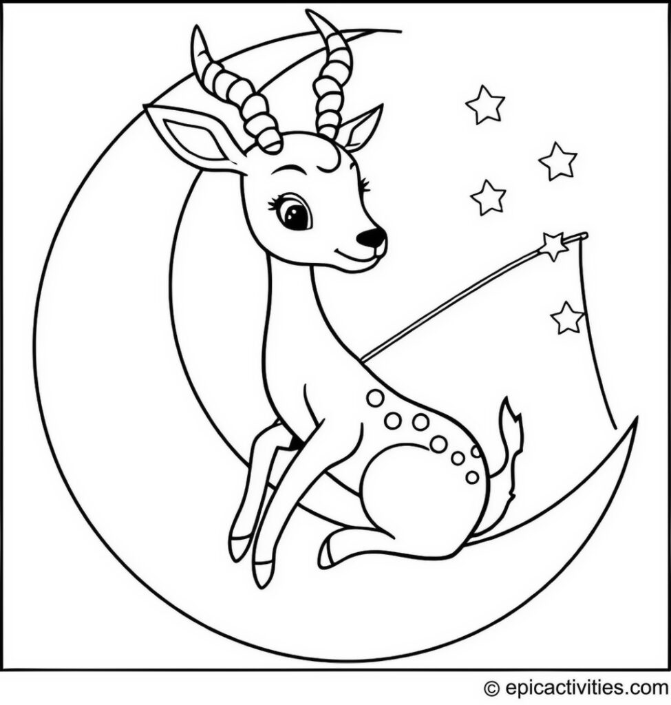 Coloring page of a Cute Antelope Sitting on a Crescent Moon Fishing for Stars