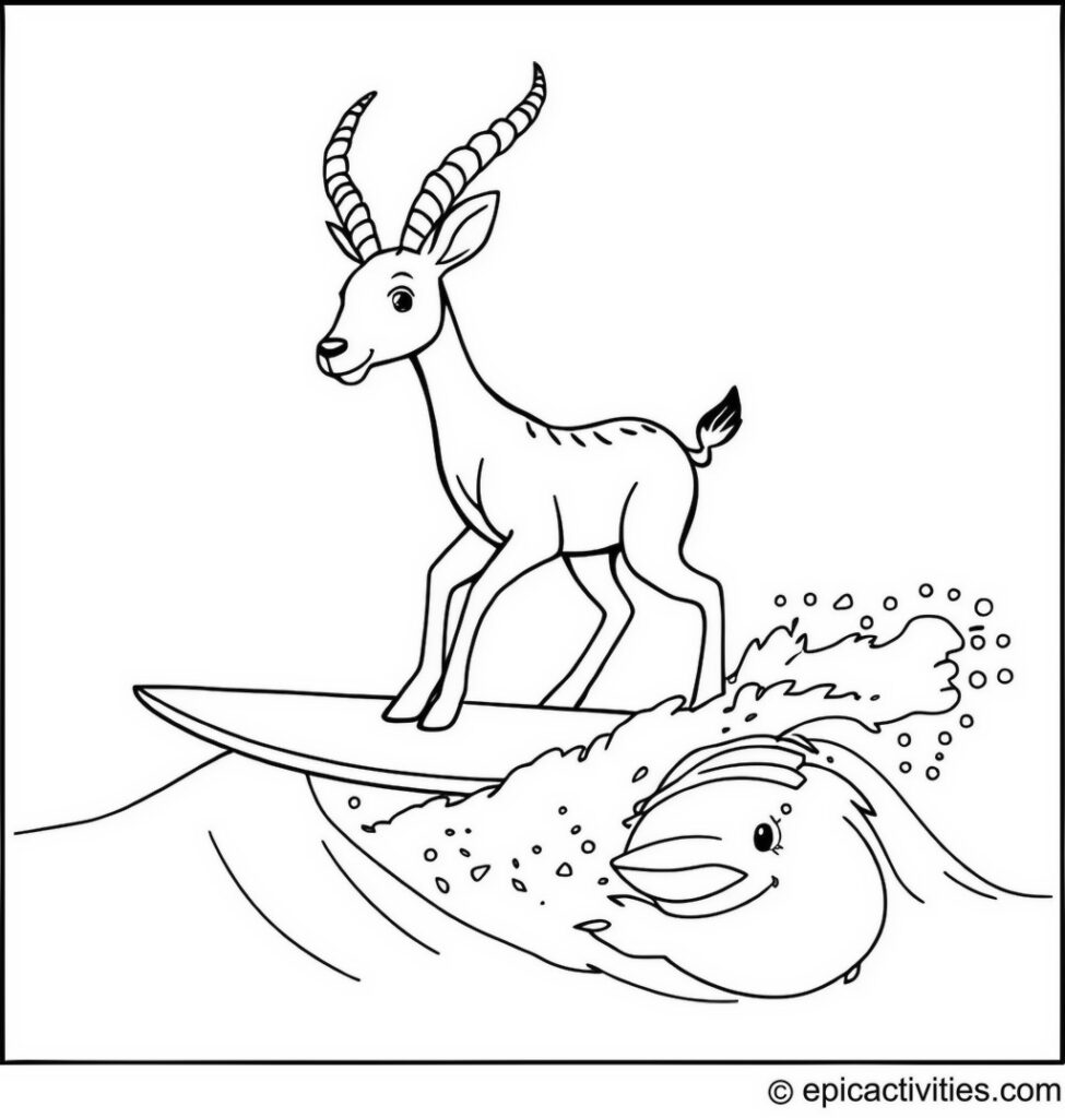 Coloring page of a Cute Antelope Surfing with Dolphins