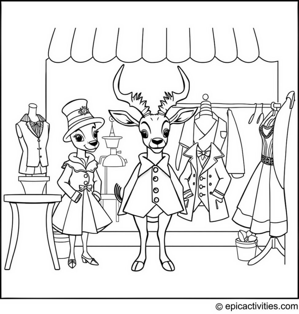 Coloring page of a Cute Antelope Trying on Fun Costumes