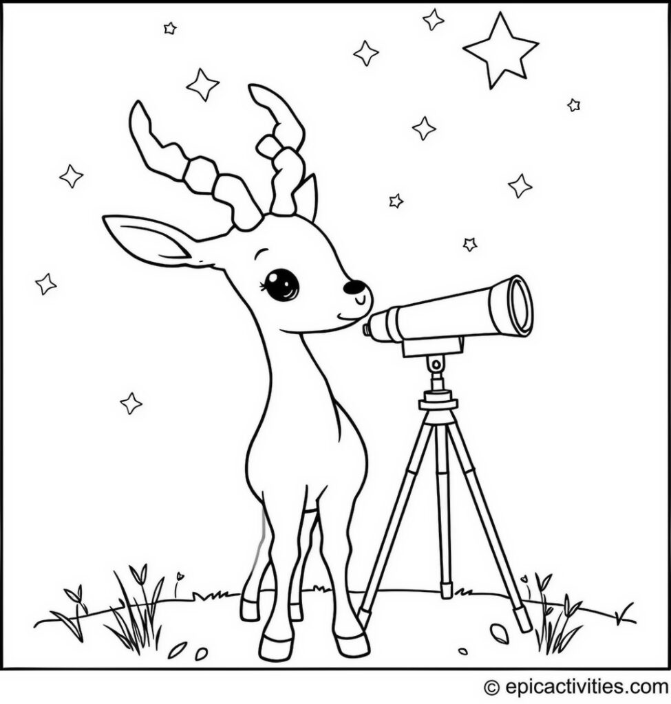 Coloring page of a Cute Antelope Watching Shooting Stars with a Telescope