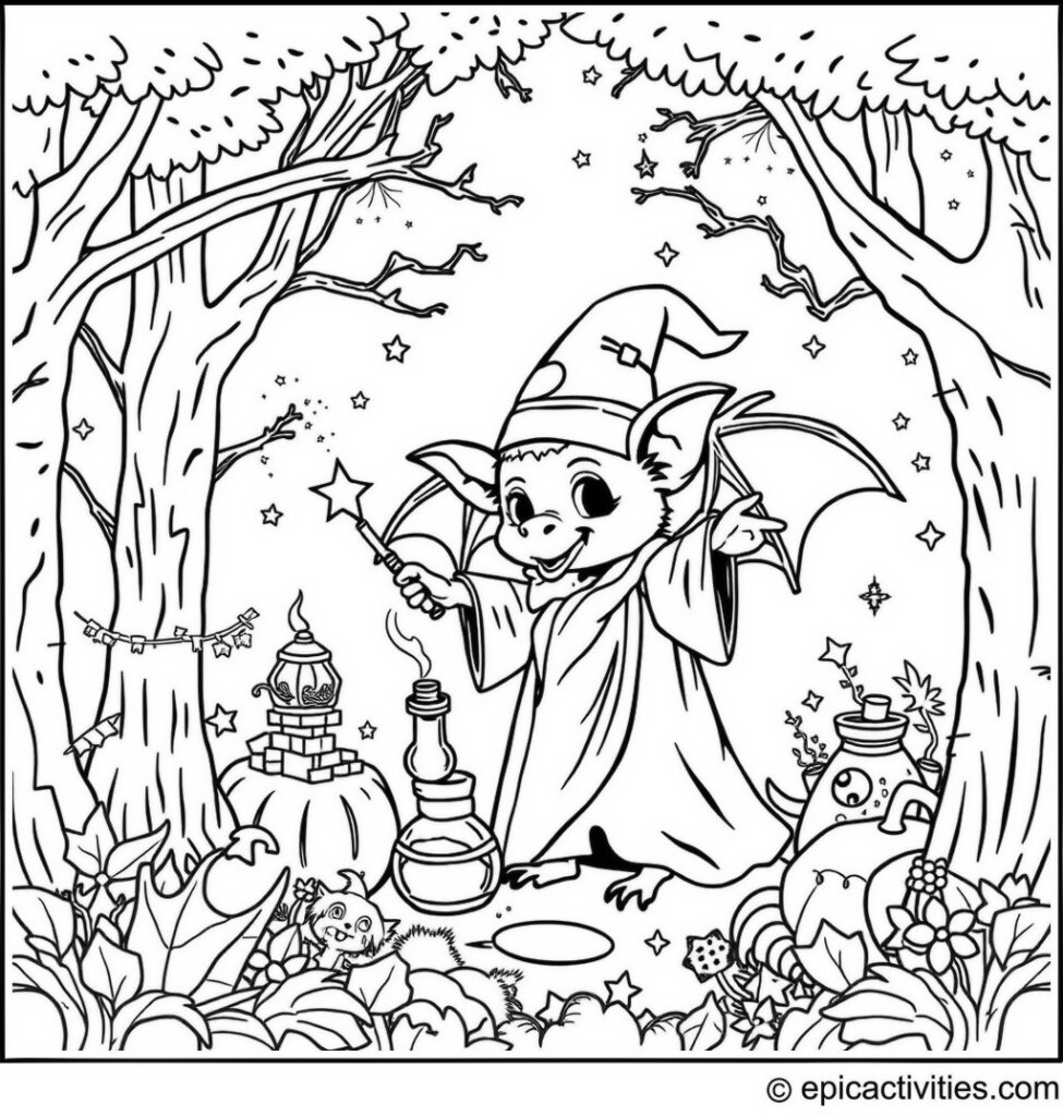 Coloring page of a cute bat as a wizard in an enchanted forest