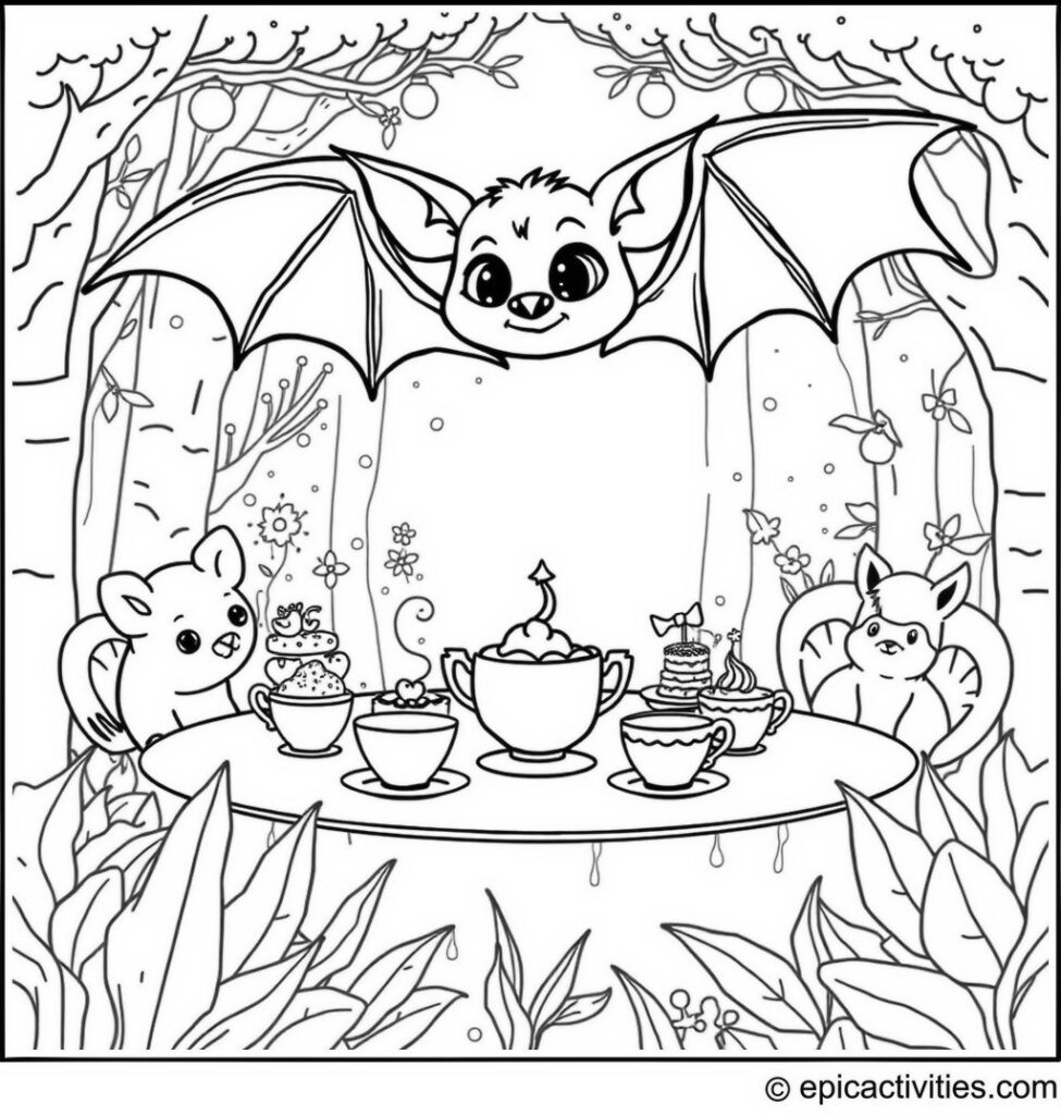 Coloring page of a cute bat attending a fairy-tale tea party