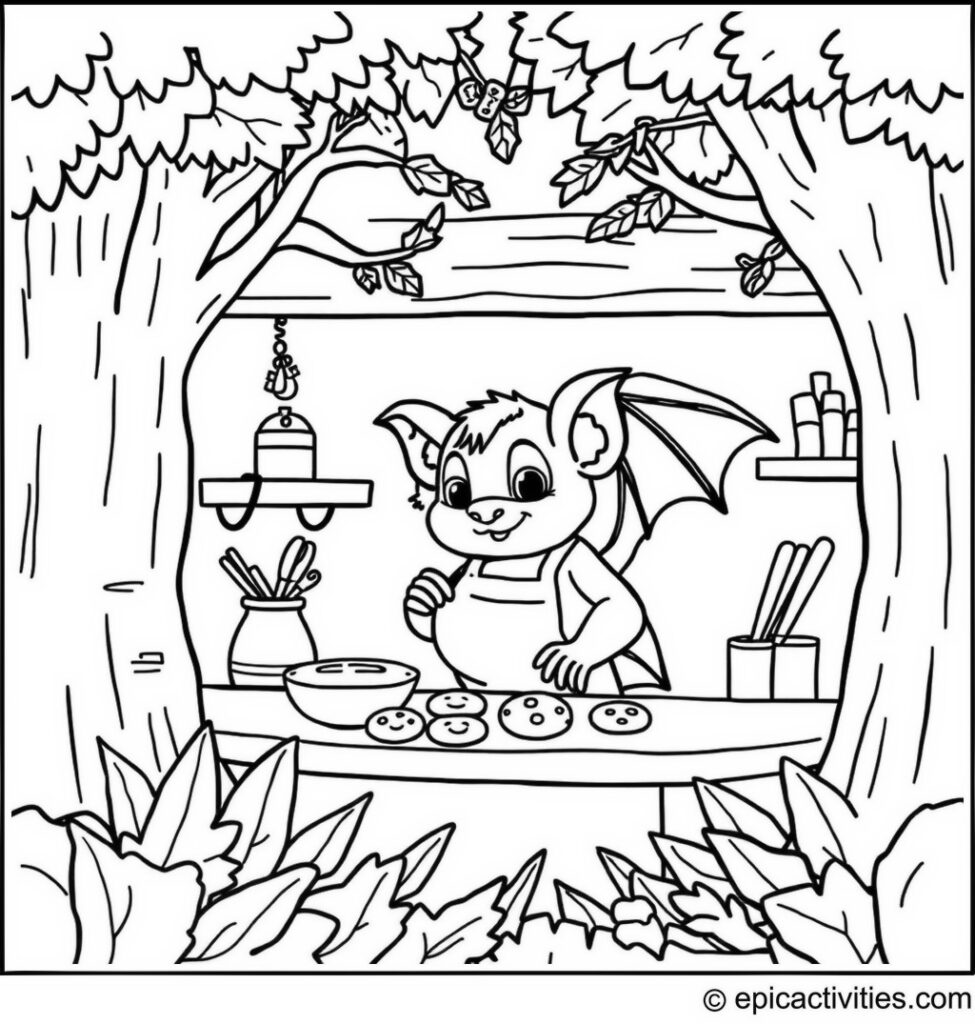 Coloring page of a cute bat baking cookies in a tiny forest kitchen