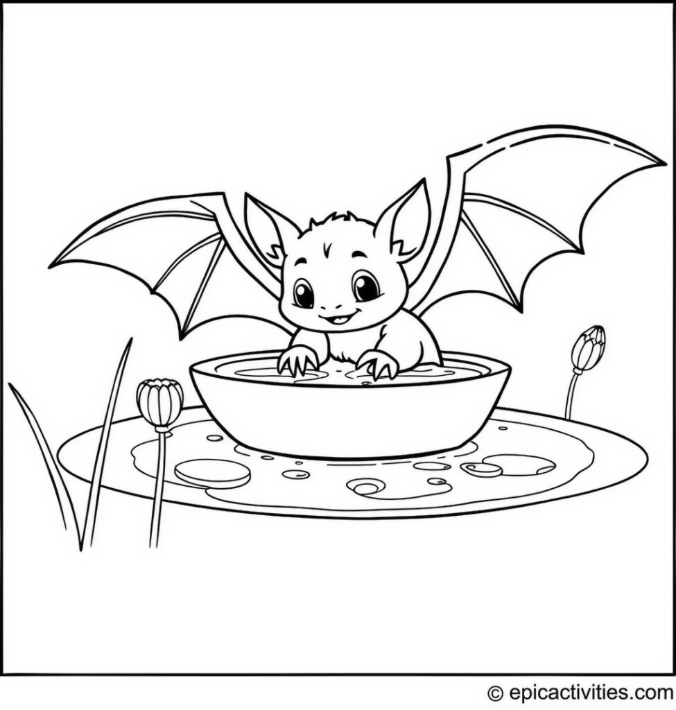 Coloring page of a Cute Bat Bathing in a Dewdrop Pond