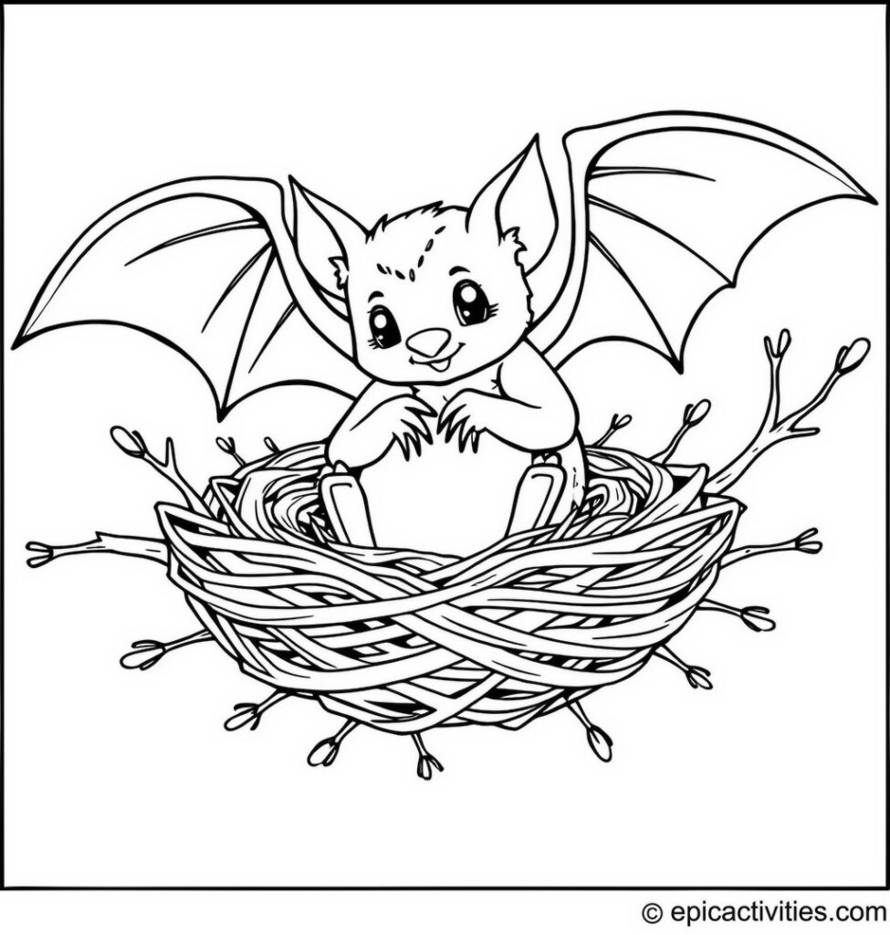 Coloring page of a Cute Bat Building a Nest with Golden Twigs