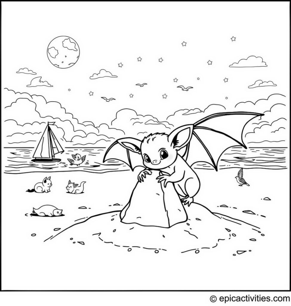 Coloring page of a cute bat building a sandcastle on a magical moonlit beach