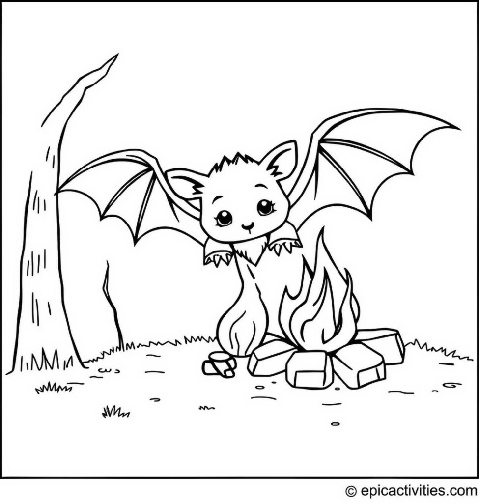 Coloring page of a Cute Bat by a Tiny Campfire