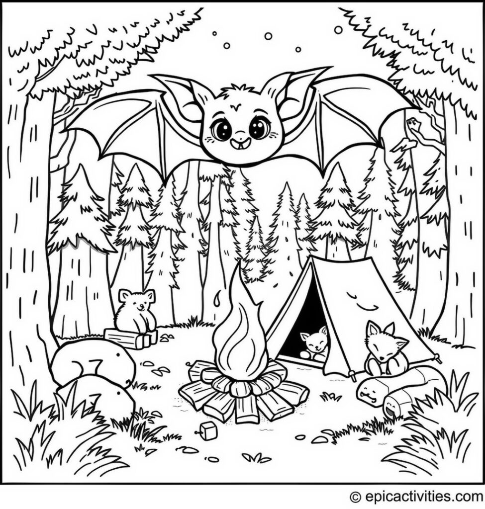Coloring page of a cute bat camping with a tiny tent, campfire, and marshmallows in the forest
