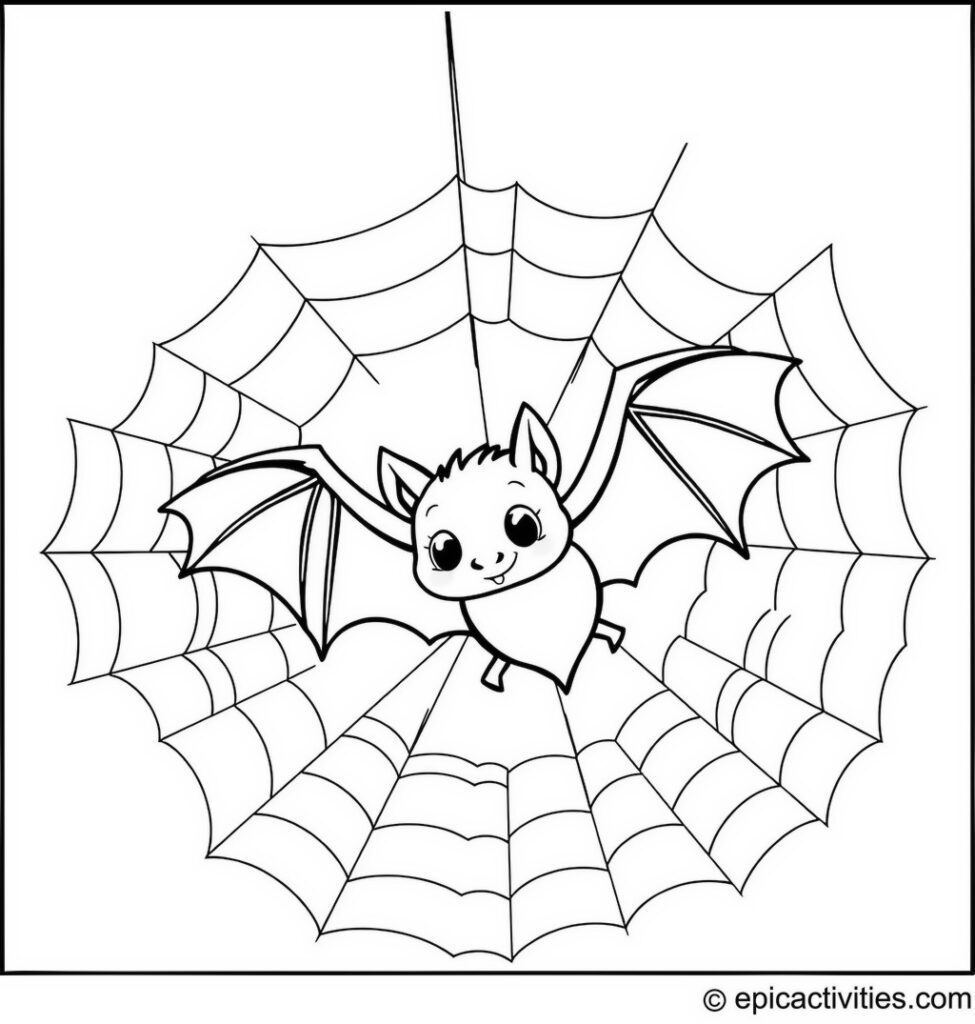 Coloring page of a cute bat caught in a gentle spiderweb