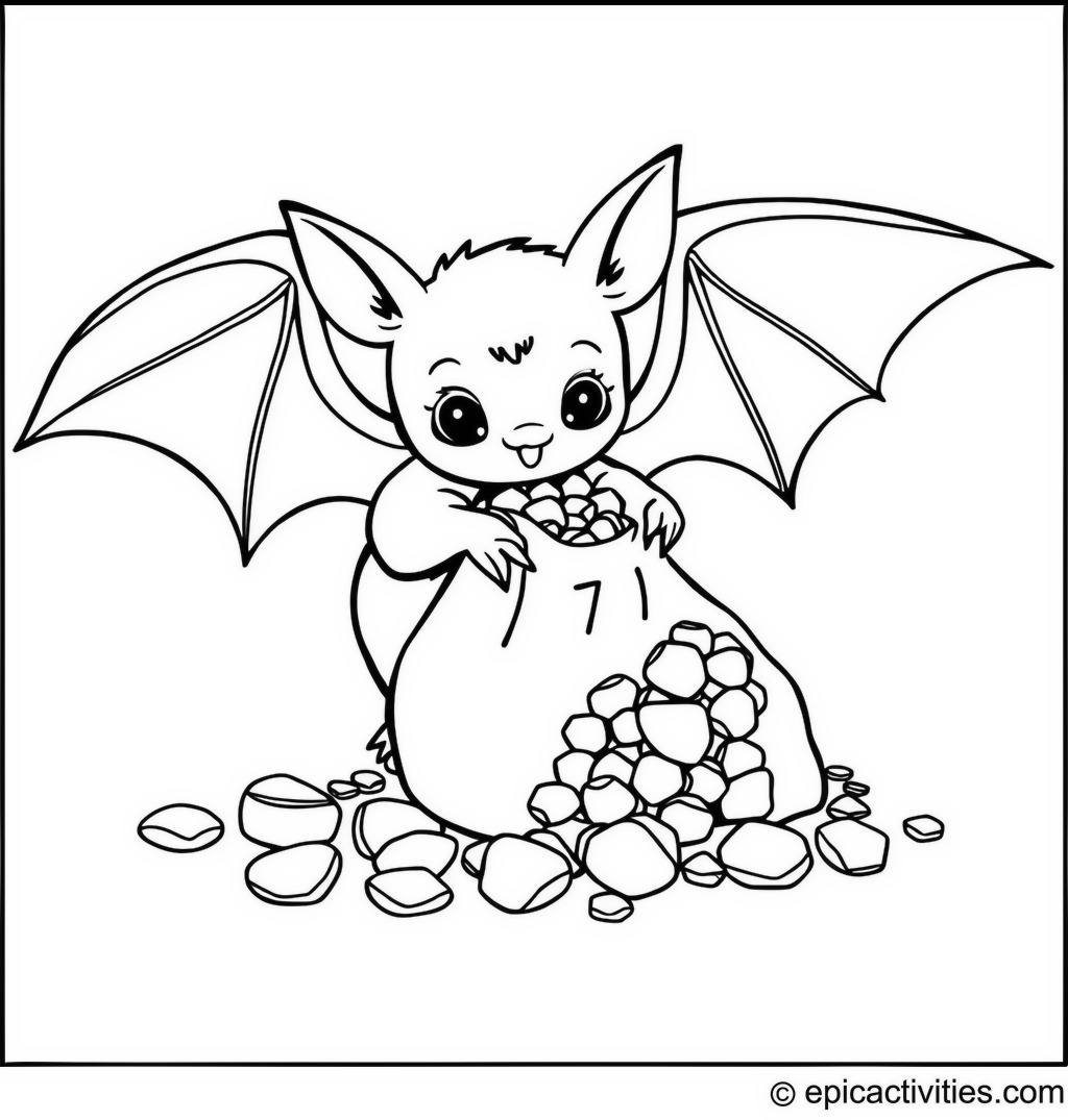 Coloring page of a cute bat collecting shiny pebbles in a tiny bag