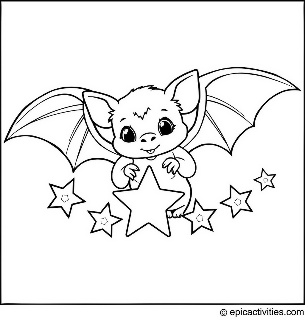 Coloring page of a Cute Bat Crafting a Star Garland