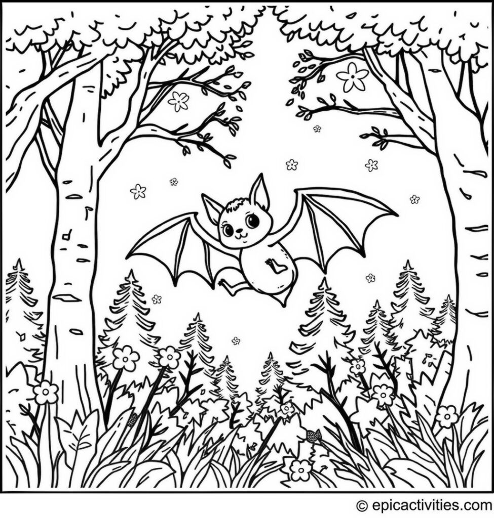 Coloring page of a cute bat dancing with fireflies in a forest clearing