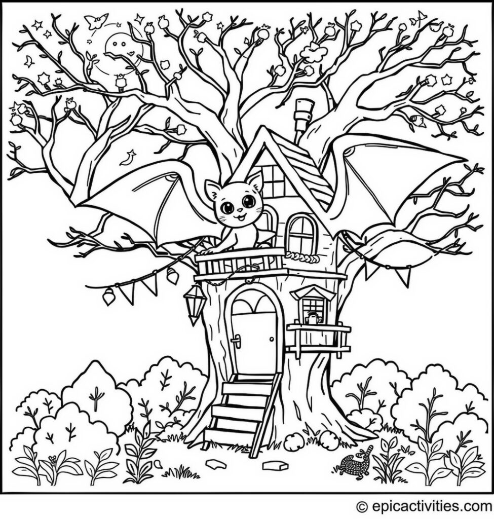 Coloring page of a cute bat decorating a treehouse with twinkling lights and mini flags