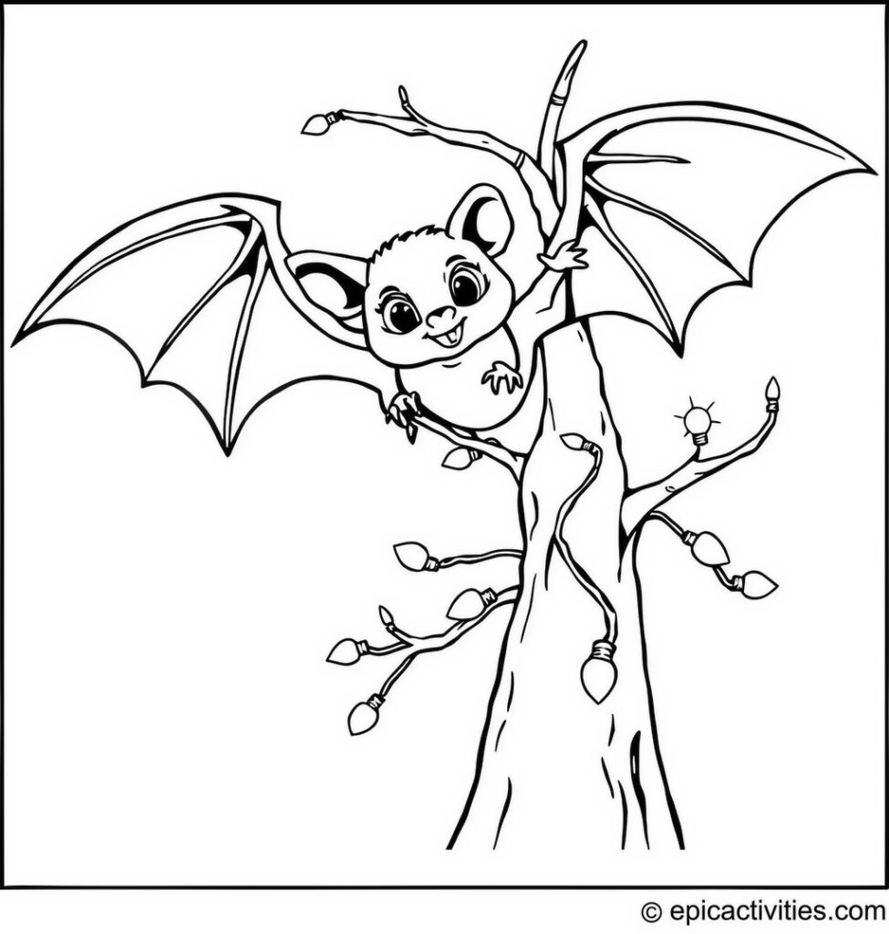 Coloring page of a cute bat decorating a tree with sparkling lights