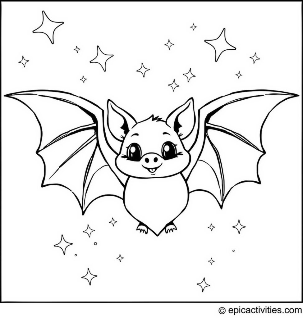 Coloring page of a cute bat drawing constellations
