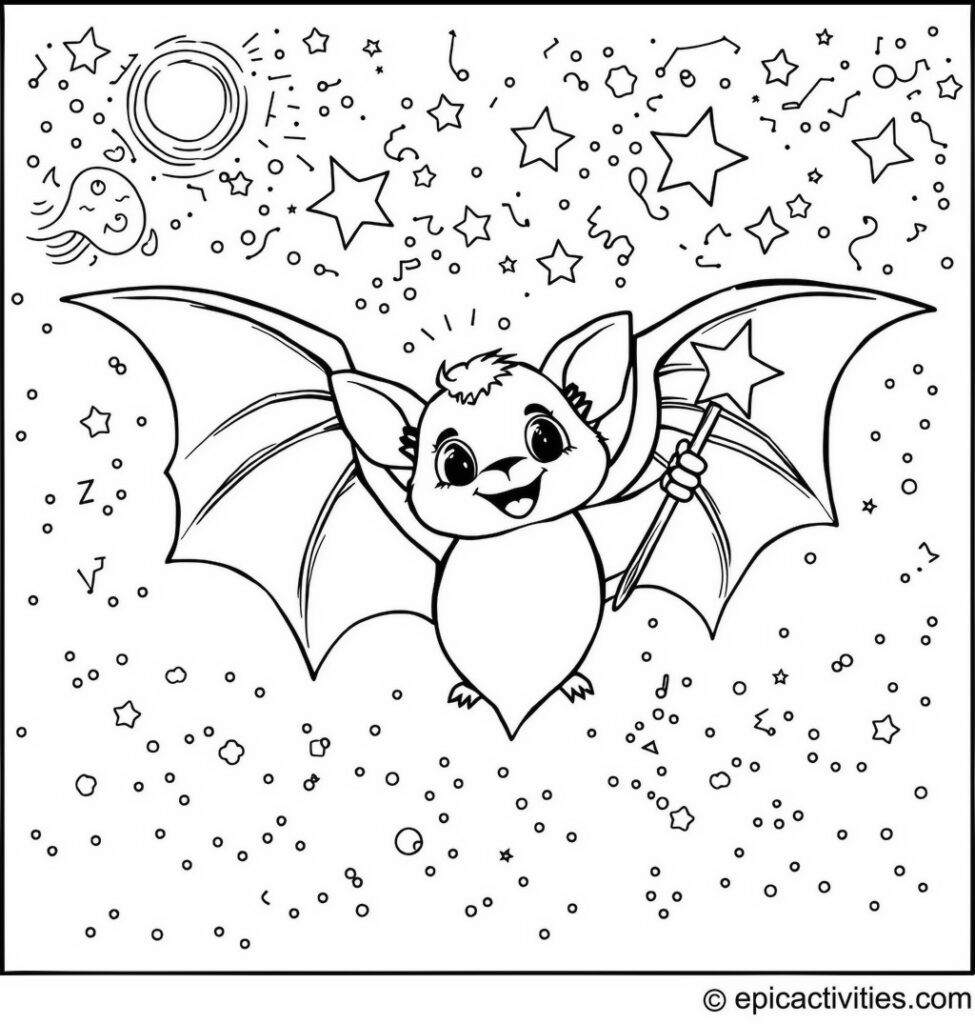 Coloring page of a cute bat drawing stars in the sky with a sparkling wand