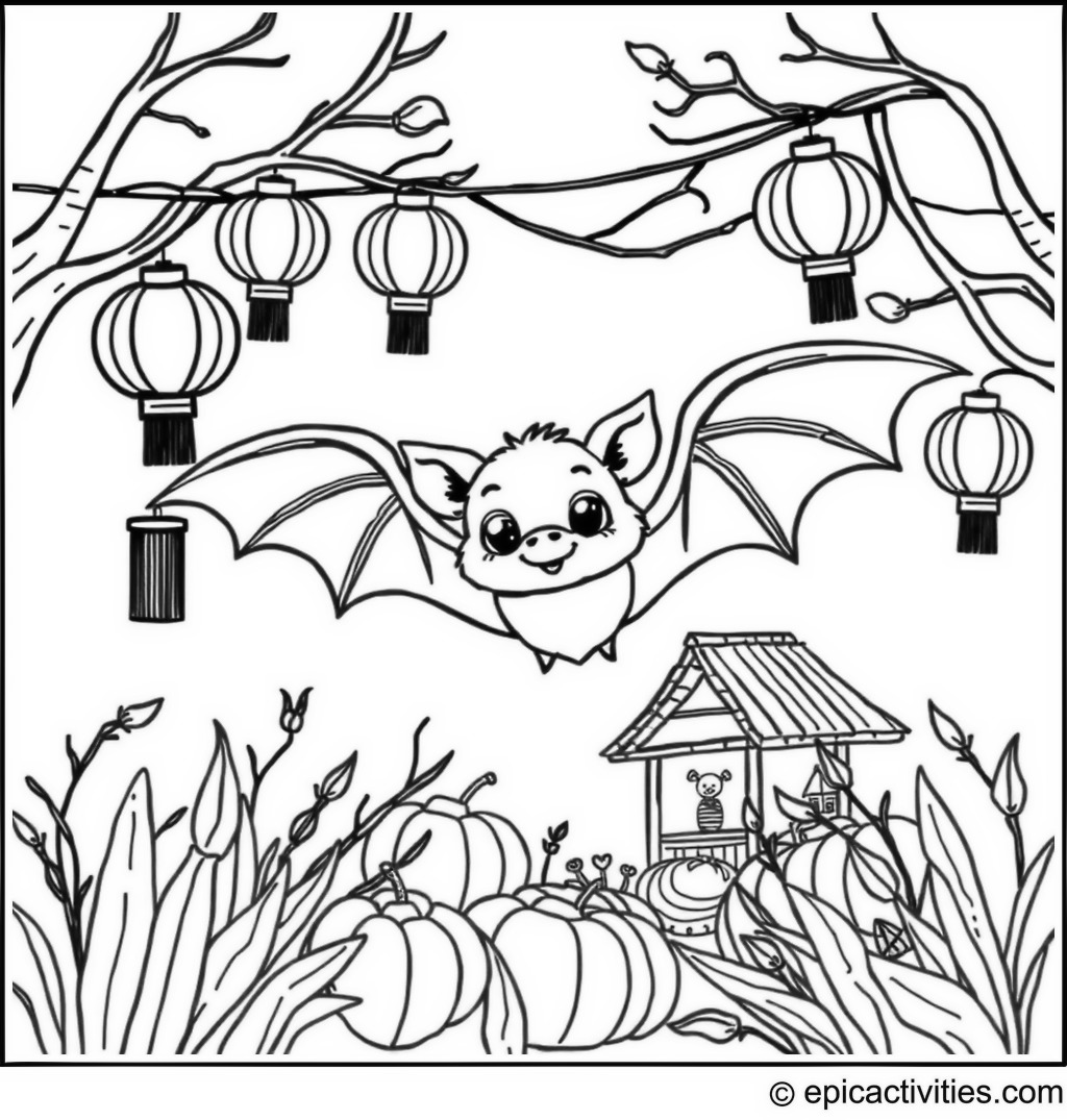 Coloring page of a Cute Bat Enjoying a Lantern-lit Harvest Festival