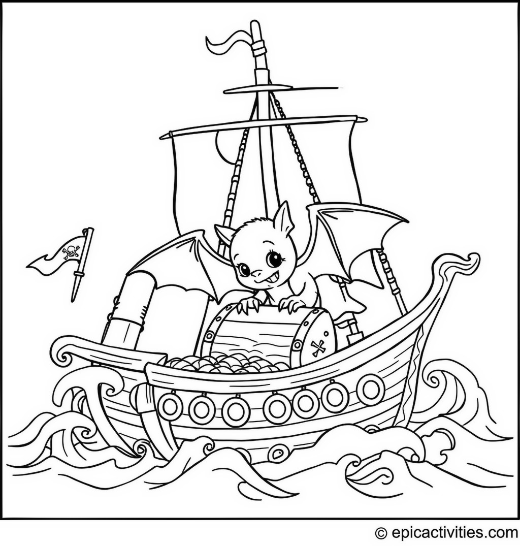 Coloring page of a cute bat exploring a hidden treasure chest on a pirate ship