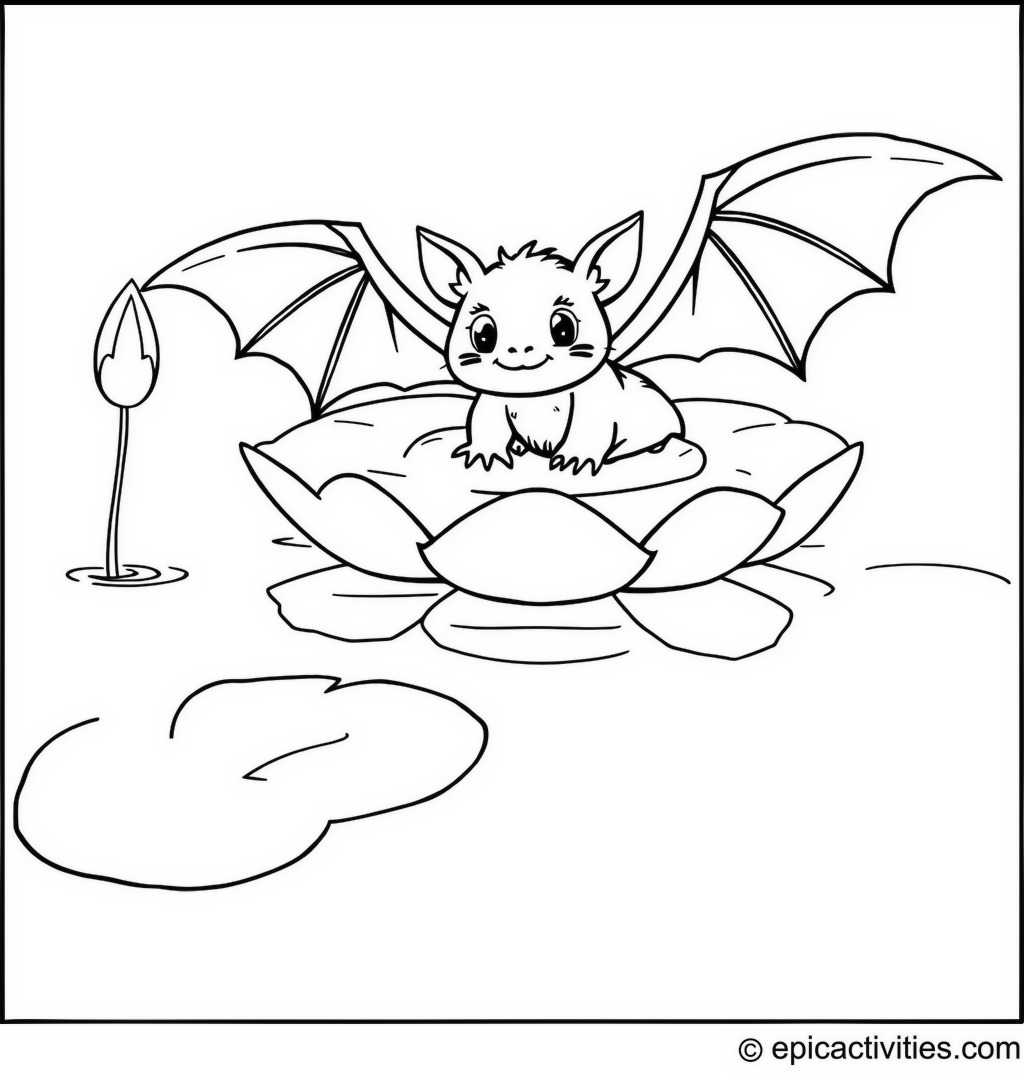 Coloring page of a Cute Bat Floating on a Lily Pad in a Magical Pond