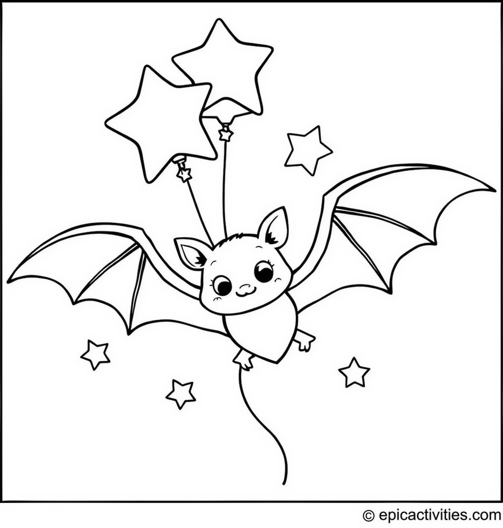 Coloring page of a cute bat floating with star balloons