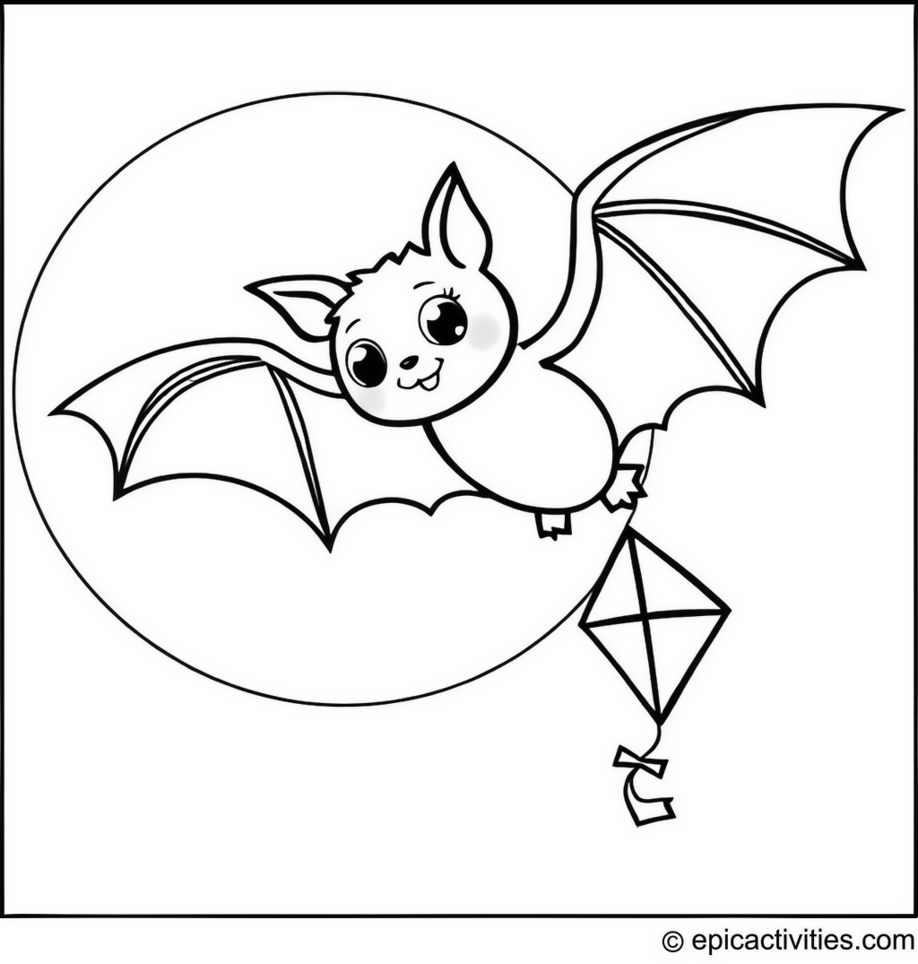 Coloring page of a cute bat flying a small kite in the moonlight.