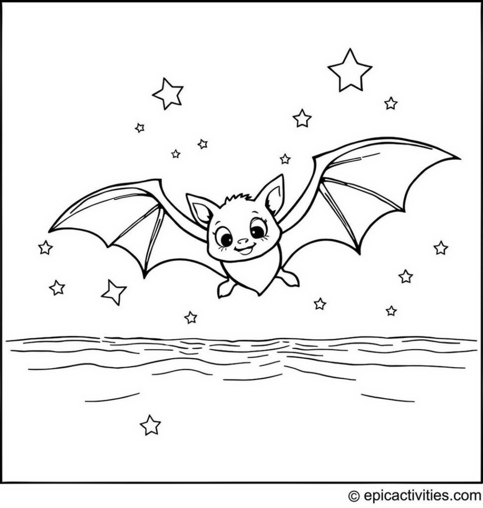 Coloring page of a Cute Bat Flying Above a Starry Sea