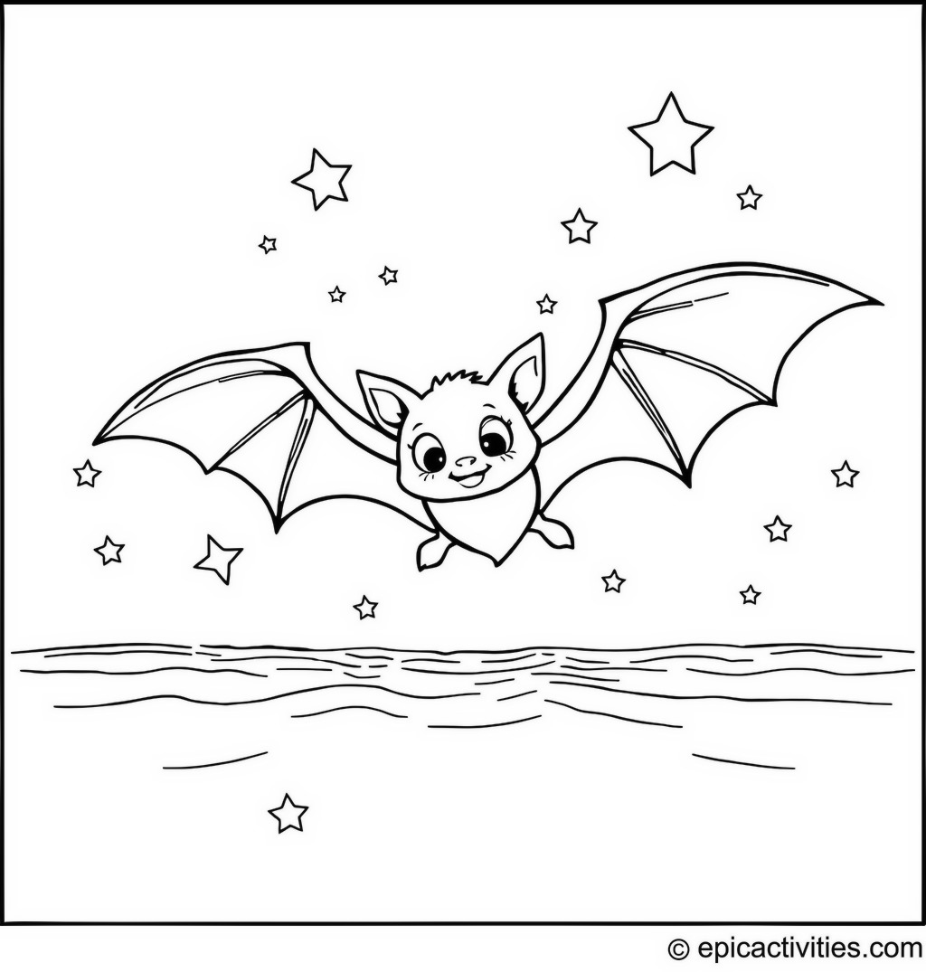 Coloring page of a Cute Bat Flying Above a Starry Sea