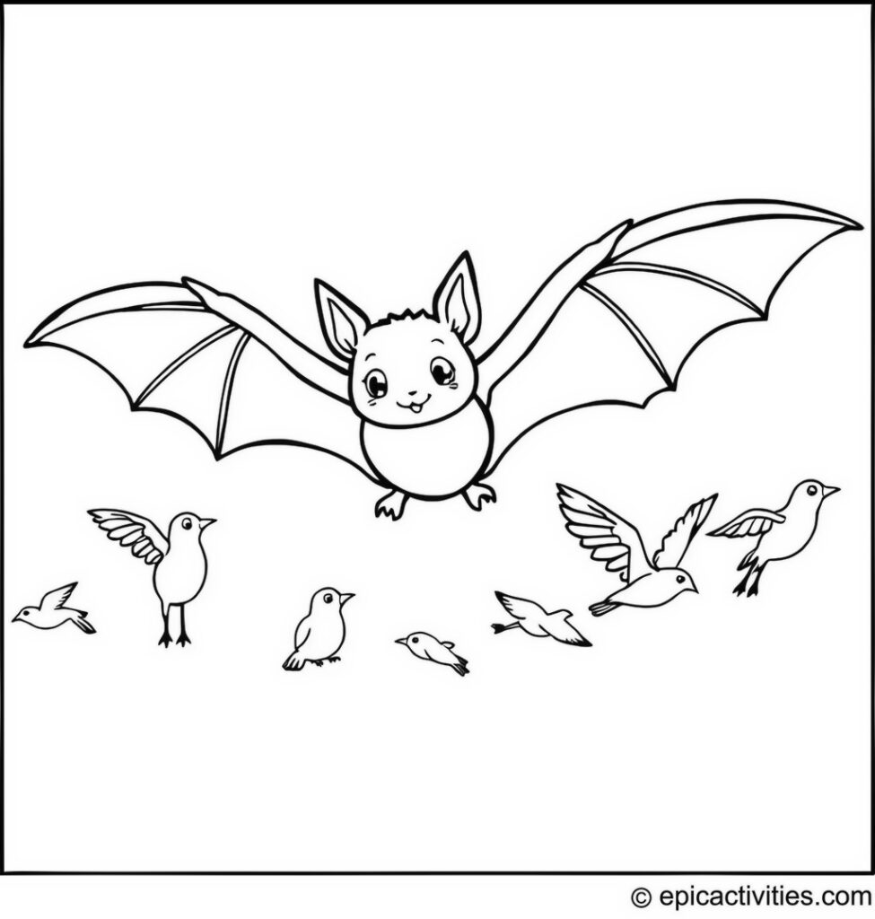 Coloring page of a cute bat flying alongside a flock of birds