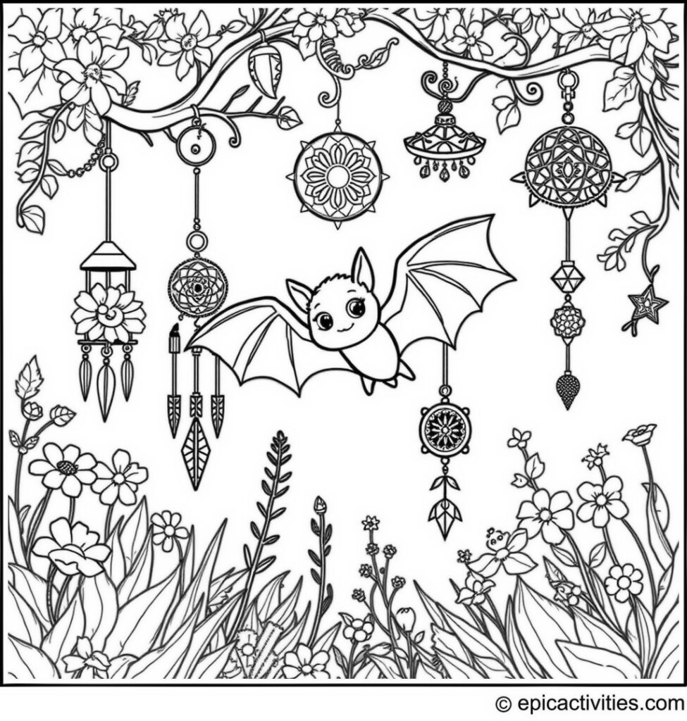 Coloring page of a Cute Bat Flying Among Wind Chimes in a Garden