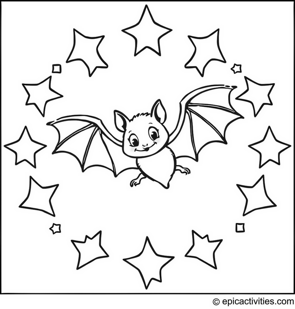 Coloring page of a cute bat flying through a ring of stars