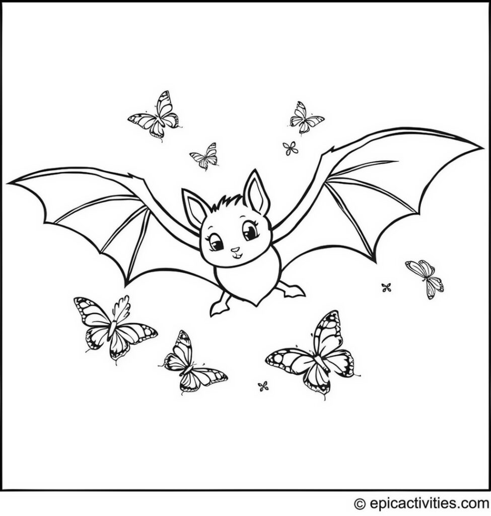 Coloring page of a cute bat flying with a group of butterflies