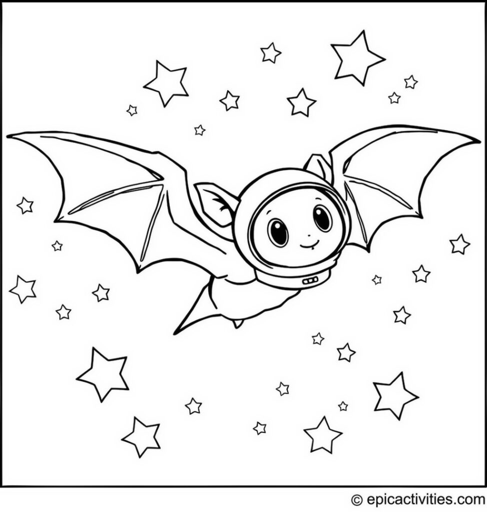 Coloring page of a Cute Bat Flying with an Astronaut Helmet Through the Stars